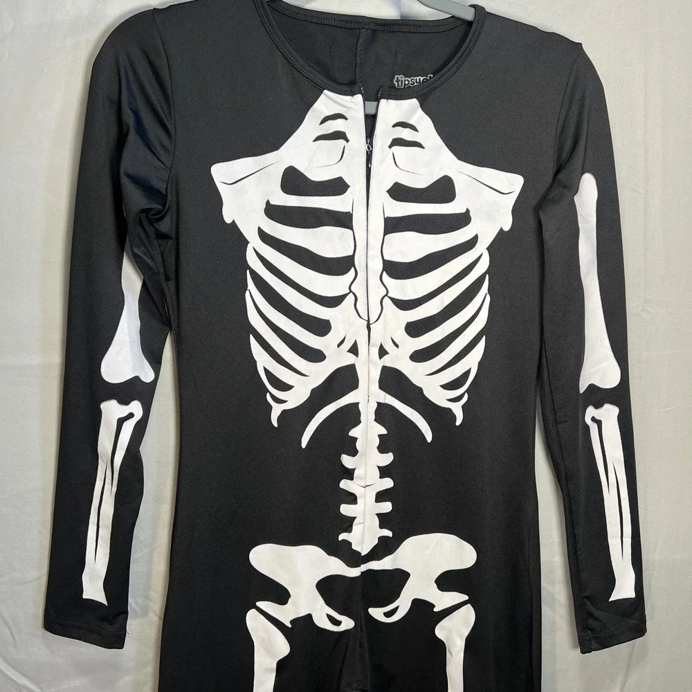 TipsyElves Skeleton Jumpsuit Black White Long‎ Sleeve Zipper Front Youth Medium